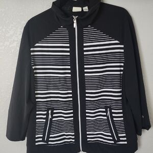 Chico's Black and White Bomber Jacket with Sporty Stripes